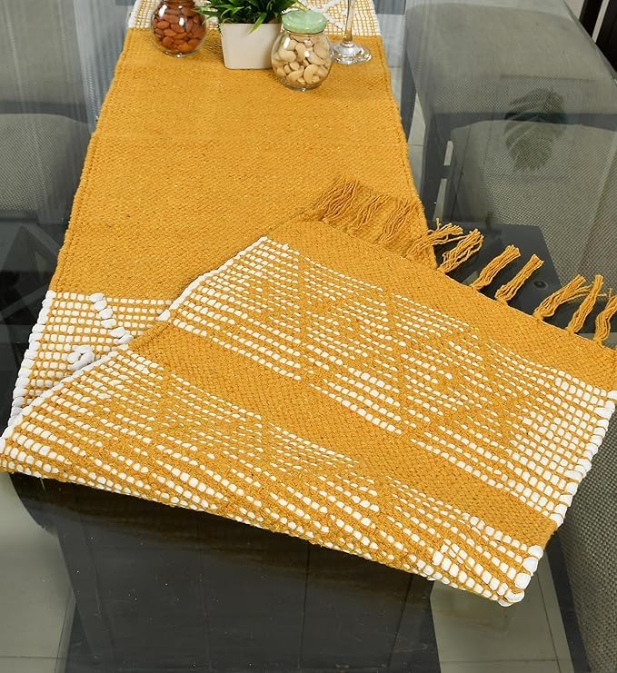 Image of Handwoven Designer Organic Cotton Table Runner for 6 Seater Dining Table |Center Table | Patio Table |Coffee Table (14*72 INCHES)|Yellow D| TRBL 020