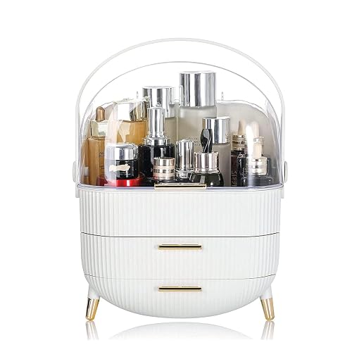 Makeup Organizer Storage Box, Cosmetics Display Case with Transparent Cover, Dust Waterproof Cosmetics Storage Box Suitable for Bathroom Countertop and Bedroom Vanity Dresser (White)