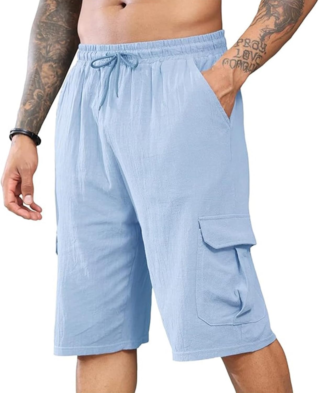 Men's Lightweight Cargo Shorts Casual Beach Elastic Waist Drawstring Knee Length Shorts with Side Pockets