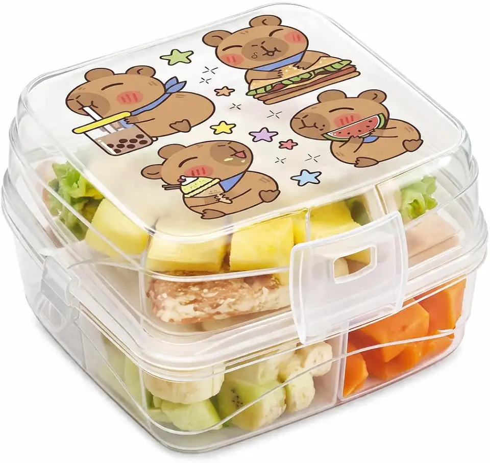 Lancheira Infantil Marmita Dupla Capivara 4 Divisórias para Separar Alimentos com Travas Controle De Porções Resistente Vai Ao Micro-ondas e Lava-louças Ideal para Escola Passeio (Transparente)