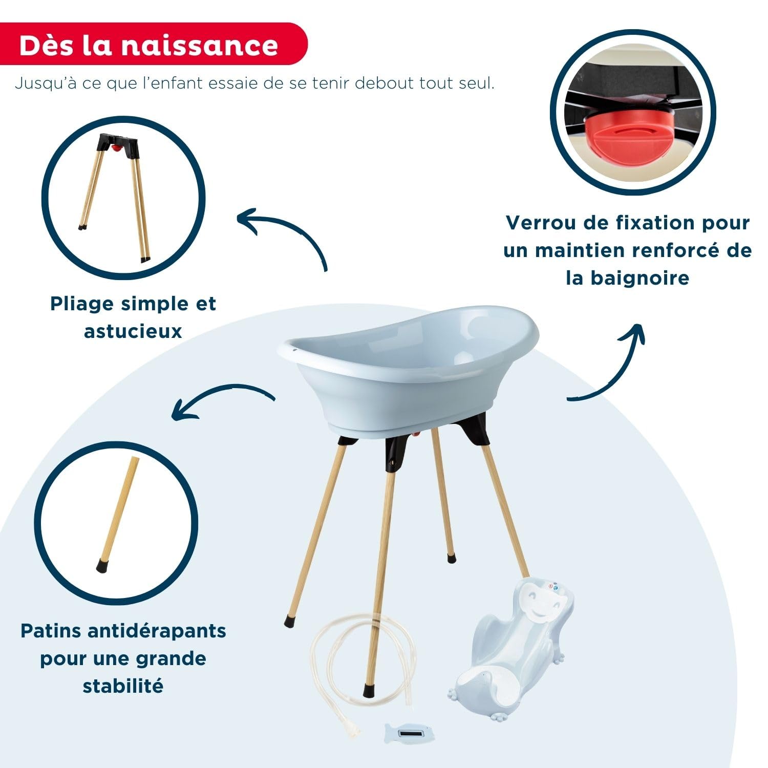 THERMOBABY - Pack Baignoire Bébé VASCO 5 En 1 - Baignoire, Pied En Bois, Tuyau De Vidange, Transat De Bain, Thermomètre - Fleur Bleue - Pliable & Stable - Fabriqué En France