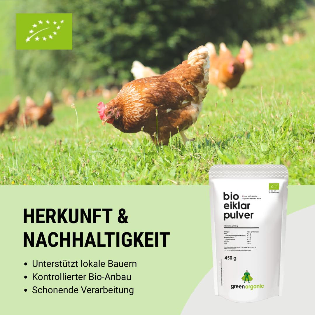 Polvo de clara de huevo orgánico GreenOrganic, 450 g, pasteurizado, secado por pulverización