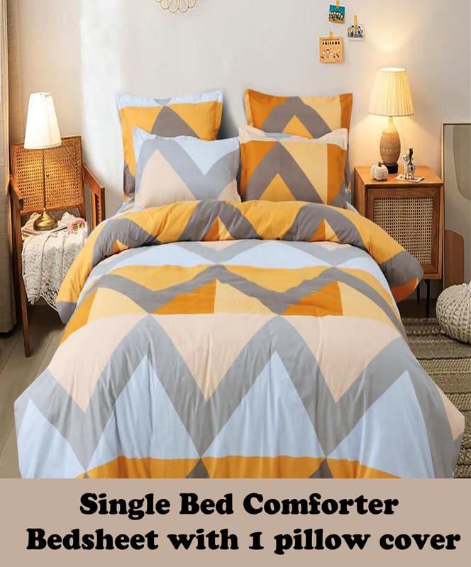 Image of Polycotton Printed 120 TC Comforter & Bedsheet Single Bed Bedding Set, Queen Size (60x90 inch), Yellow & Grey, 3 Pieces