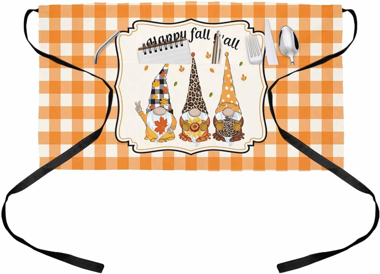 Thanksgiving Gnomes Happy Fall Y'all Server Aprons with Pockets, Orange Autumn Buffalo Plaid Waist Waitress Aprons