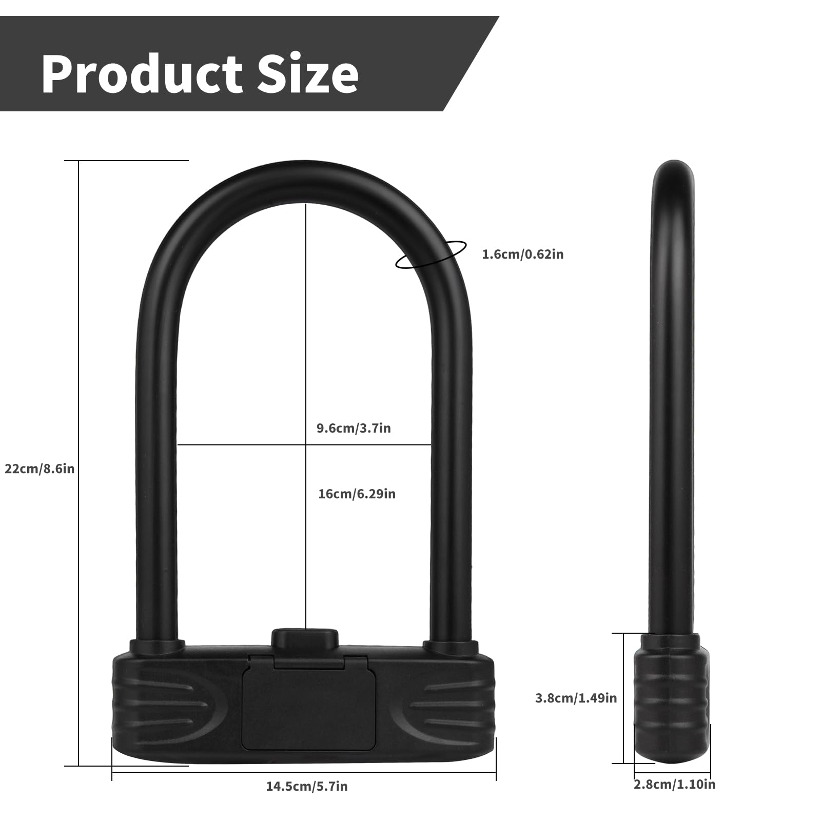 Lucchetto a U anti-taglio a 4 livelli, 16 mm, 4 cifre, resettabile, quadrante impermeabile e protezione in PVC per bicicletta, moto, e-bike, 0,9 kg