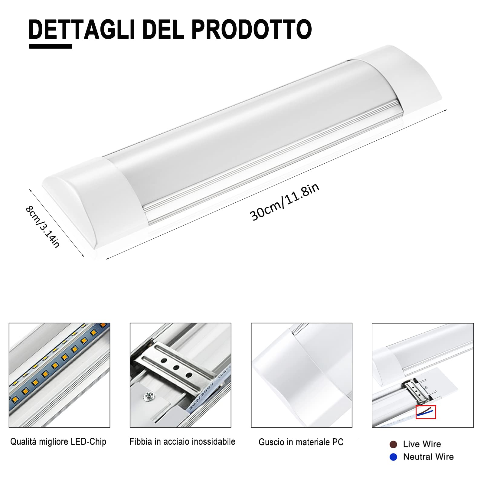 Sararoom Neon Tubo Led Barra 30cm 10W 1200LM Plafoniera Led Soffitto Bianco neutro 4500K Tubolare Luce Sottopensile, Lineare Lampada per Cucina Officina Ufficio Bagno Giardino Magazzino Garage Parete