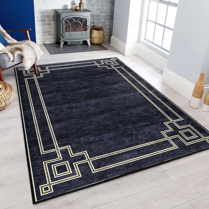Tapis d'appoint Art Déco bleu 180x250cm rectangulaire et lavable