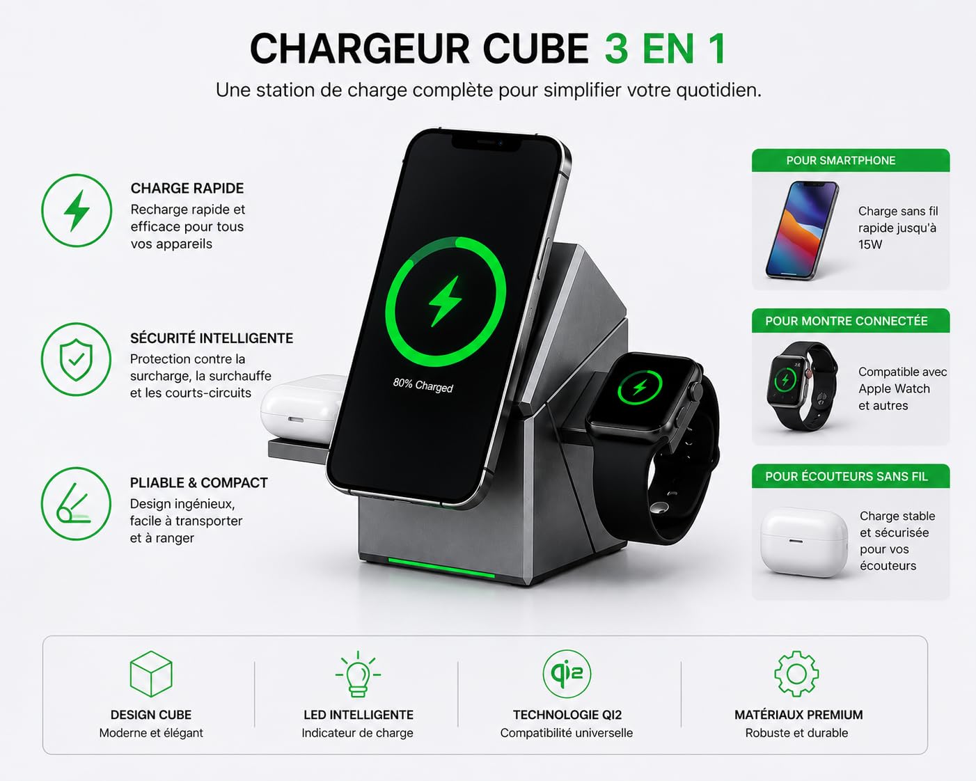 Chargeur sans Fil 3 en 1, 15W, Compatible Smartphones Android et Apple, Montres Connectées et Écouteurs sans Fil – Station de Charge Rapide Pliable et Compacte pour Bureau, Maison et Voyage