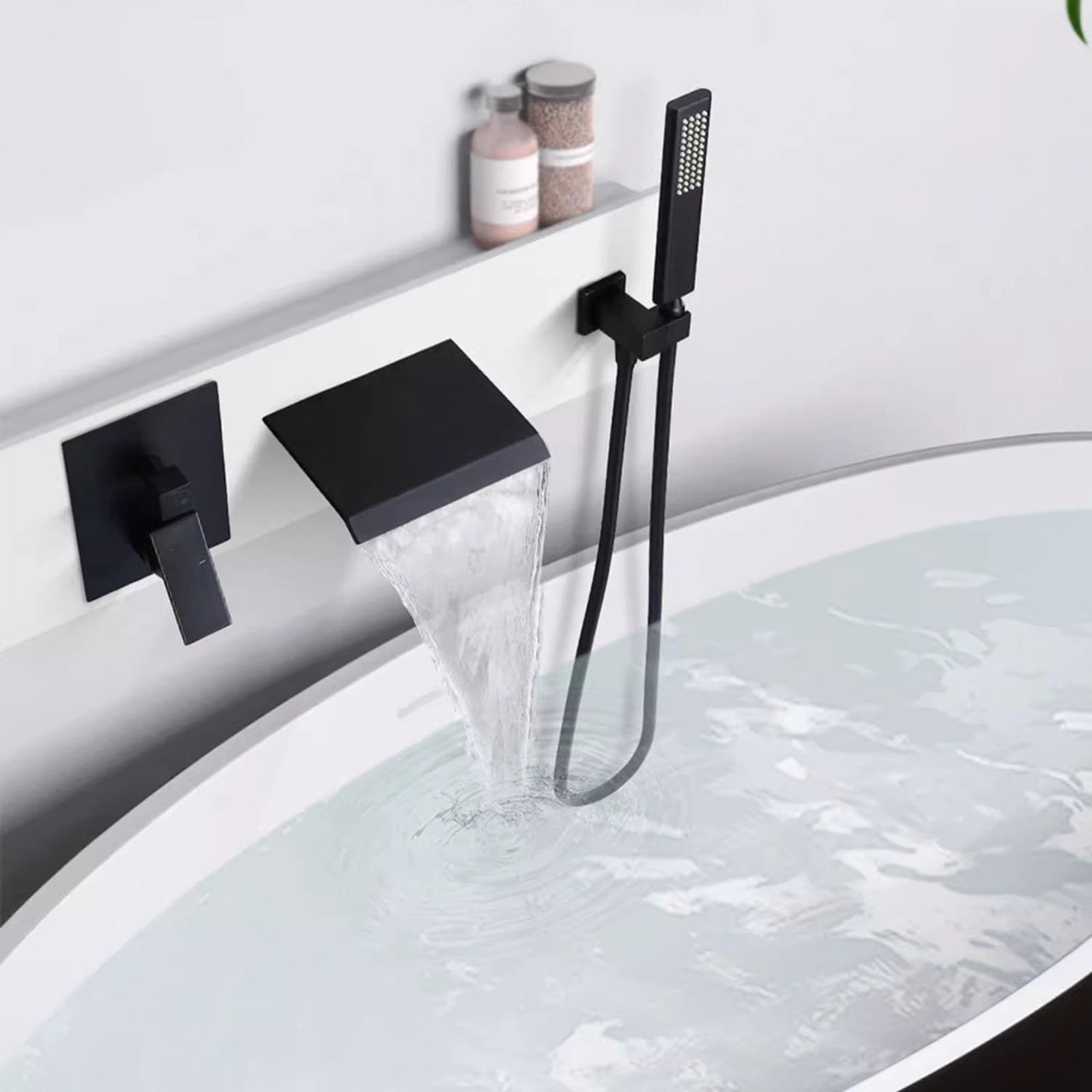 JYBNBBE Bathroom Taps Mixer Black Wall Mounted Bath Mixer Tap with Shower Waterfall Bath Spout Hot and Cold Bathroom Tap Set,Black