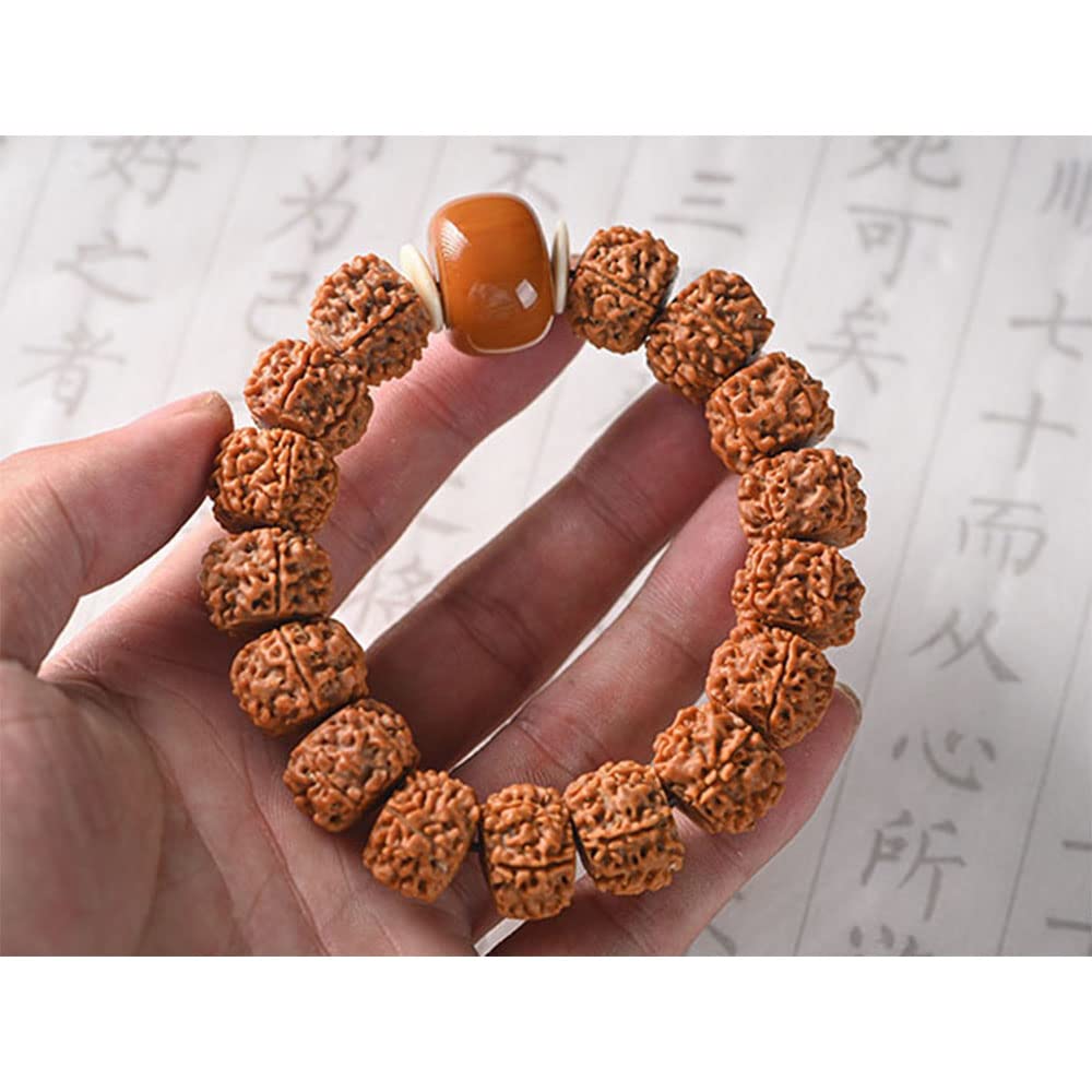 Braccialetto Bodhi, Bracciale Nepal Rudraksha Besds 18 * 13 mm Bracciale elasticizzato con perline di Buddha a cinque facce con perline d'ambra for la meditazione Preghiera Mala