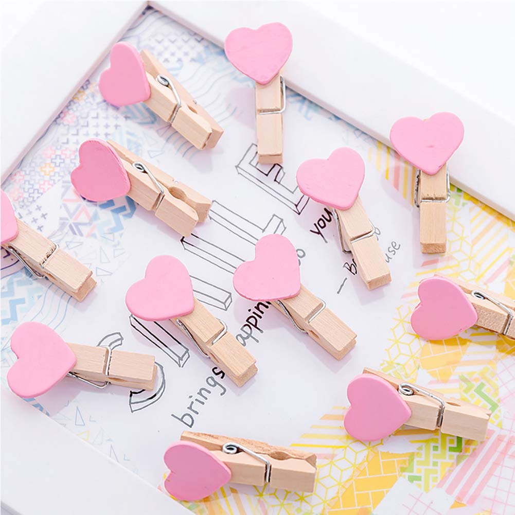 50 Pcs Pink Heart-Shaped Wooden Clothespins - Mini Craft & Laundry Clips For Photos & Organization