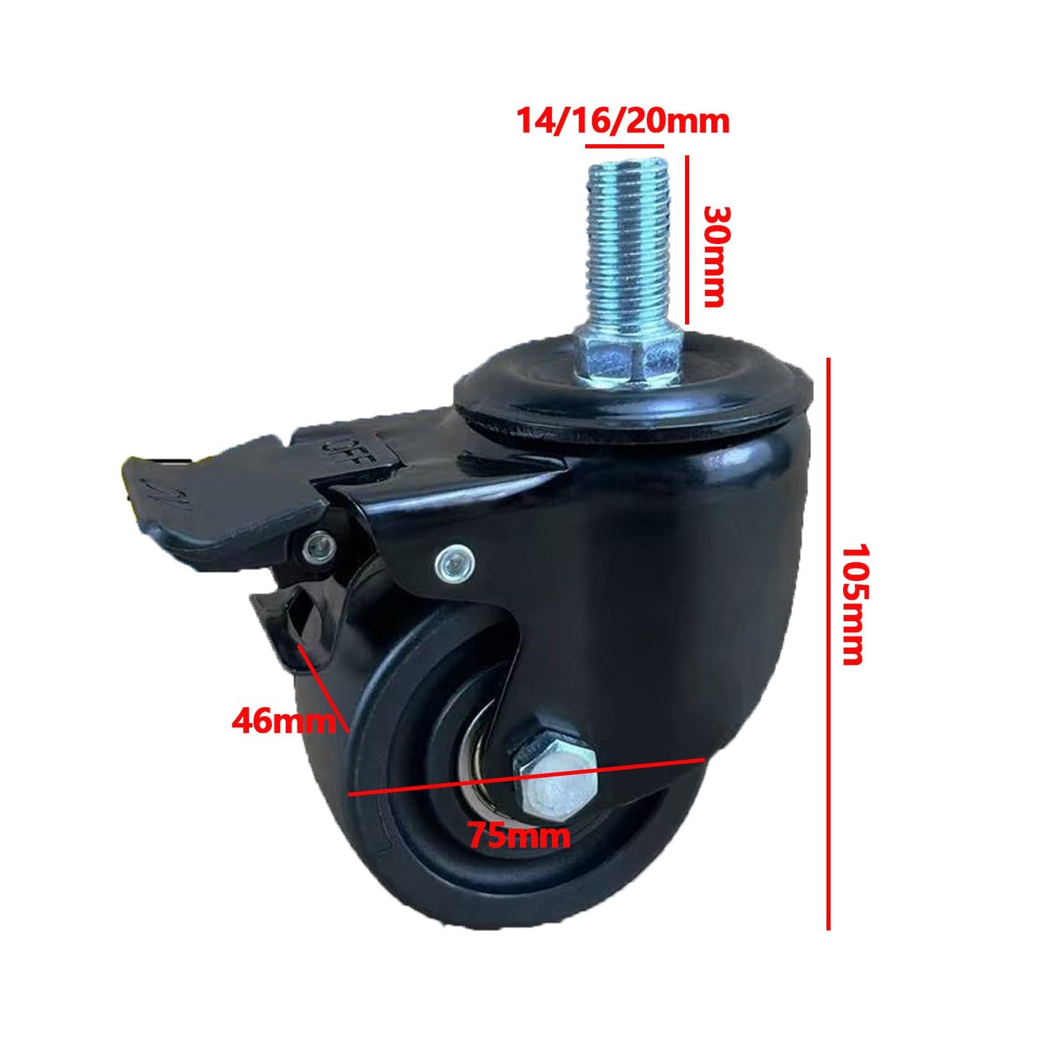 Set di 4 ruote girevoli resistenti, 75 mm, con stelo filettato M14, M16, M20, silenziose, in nylon, per uso industriale, rotazione a 360°, sistema frenante incluso