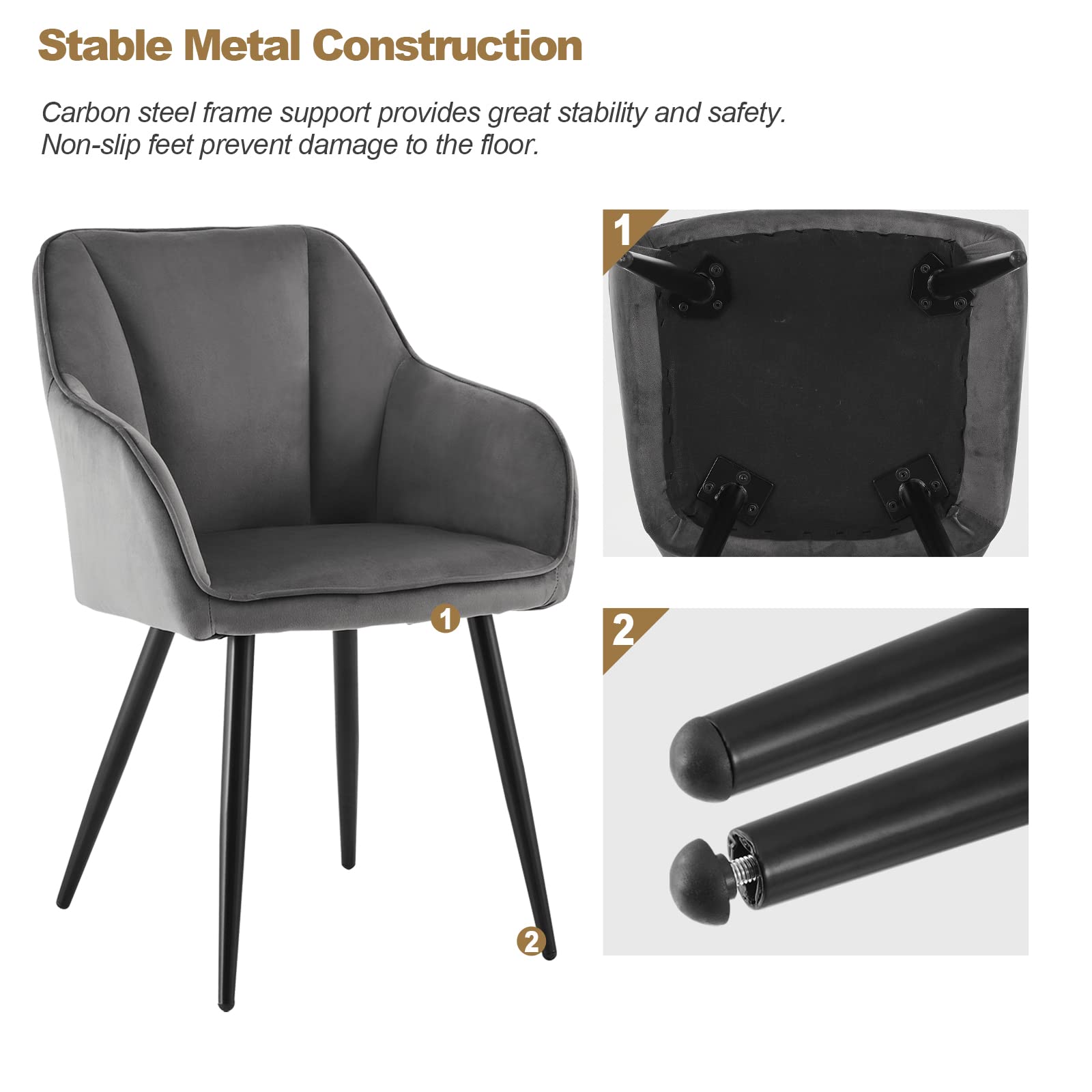 Set di 4 sedie imbottite in velluto grigio con braccioli e gambe in metallo, eleganti poltrone imbottite per soggiorno, camera da letto, casa, ufficio