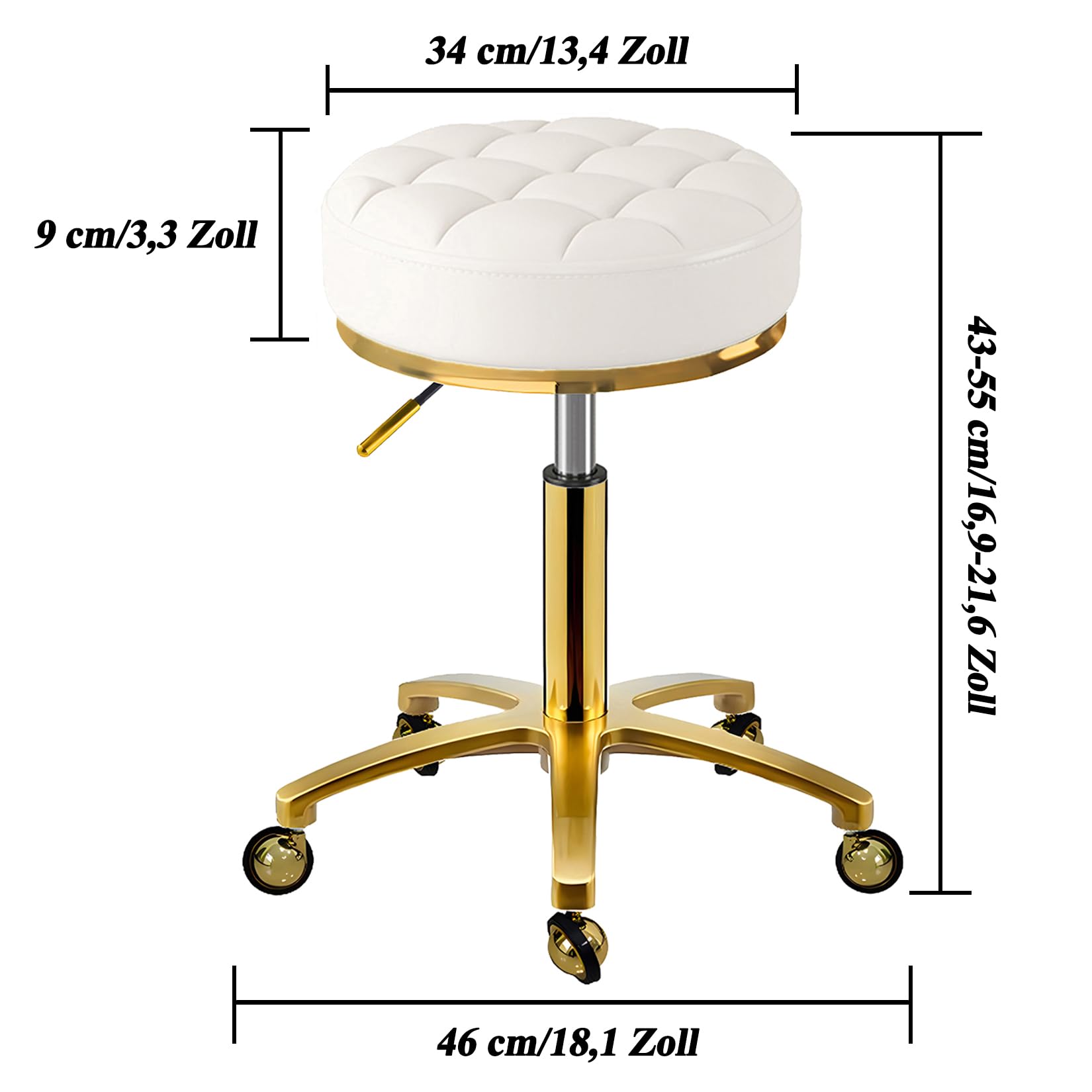 Sgabello Rotolante Girevole Dorato, Altezza Regolabile 43-55 cm, PU Pelle Sedia con Ruote, Telaio Placcato Oro, Girare Sedia per Cura dei Piedi, Tatuaggi (Bianco)