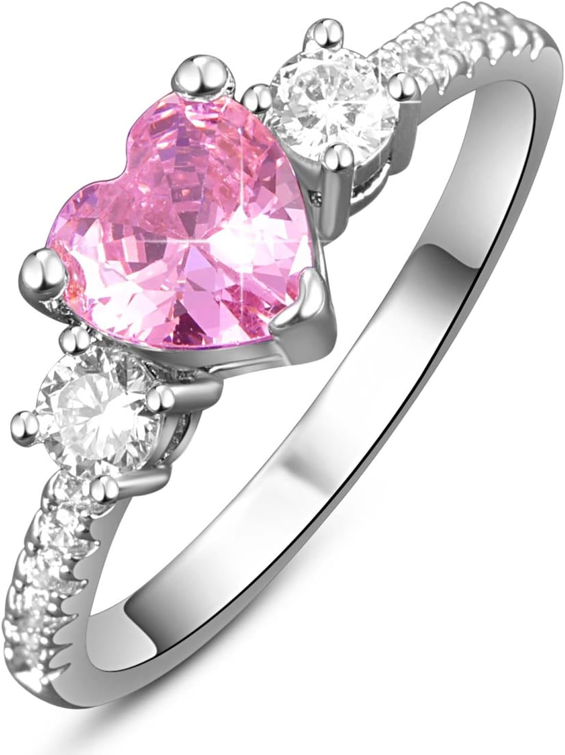 Psiroy 925 Sterling Silver Plated Heart Shaped Simulated Pink Topaz 3 Stone Wedding Band Promise Engagement Ring for Women