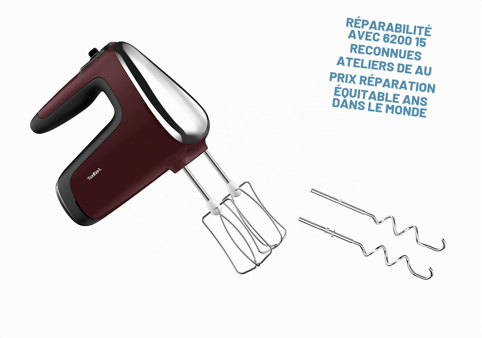 Tefal Batteur à main Powermix Silence HT6525, 600 W de puissance, poignée ouverte, niveaux de vitesse + fonction turbo, 2 fouets + 2 crochets à pétrir en acier inoxydable, embout mixeur plongeant en