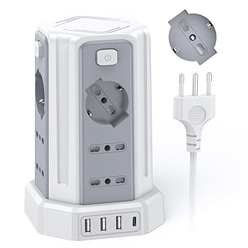 Power Strip 3 m with 12 Universal Sockets 10/16A ITA and Schuko and 3 USB A+1 USB C Overvoltage Protection with 4 Independent Switches, White