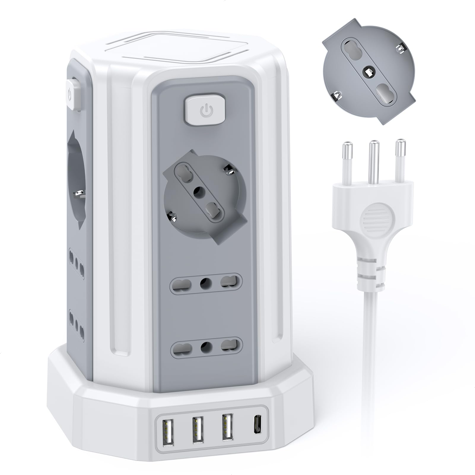 Steckdosenleiste mit 12 Universalsteckdosen ITA 10/16A und Schuko und 3 USB A+1 USB C Überspannungsschutz mit 4 unabhängigen Schaltern, Weiß