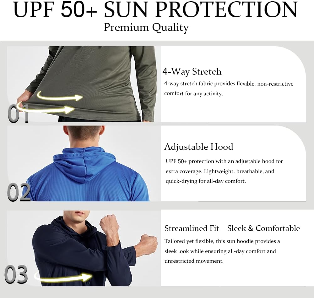 3PC or 6PC Men’s UPF 50+ Sun Protection Lightweight Long Sleeve Hoodie, Quick-Dry SPF UV Shirt for Outdoor Active Wear - Image 3
