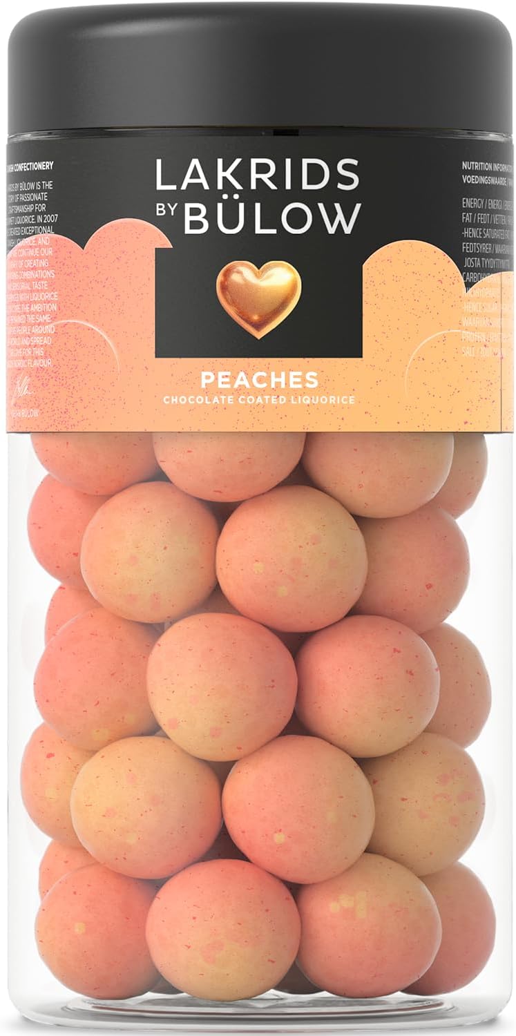 LAKRIDS BY BÜLOW - Peaches - 10.4 oz - Chocolate Coated Gourmet Licorice - Sweet Licorice Core Coated in White Chocolate & Peach