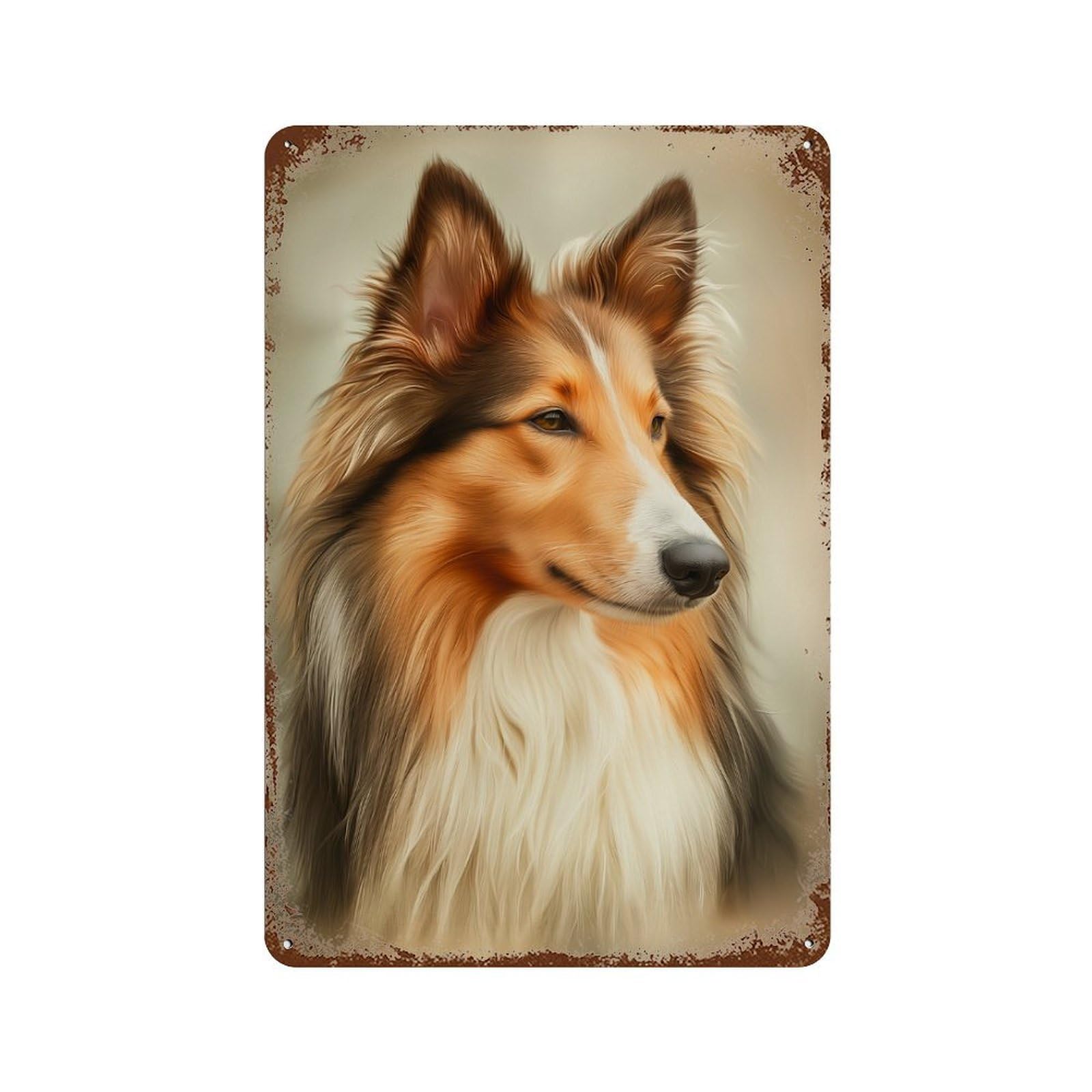 Aged Metal Wall Plaque with Rough Collie Portrait Design 11.8"x7.9", for Garage, Bar And Workshop Decor, Rustic Home Decor
