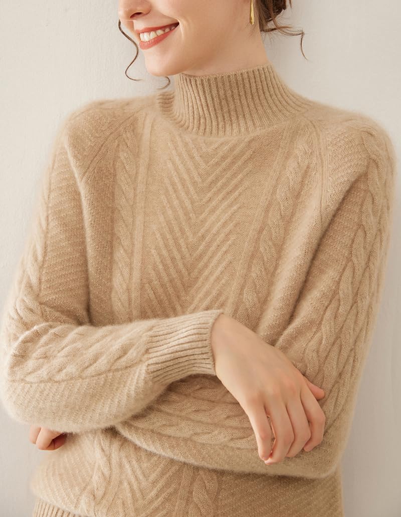 WEWE Maglione da donna 95% cashmere, collo alto, a maniche lunghe, in cashmere e lana, motivo a treccia, maglione spesso rilassato, WN633
