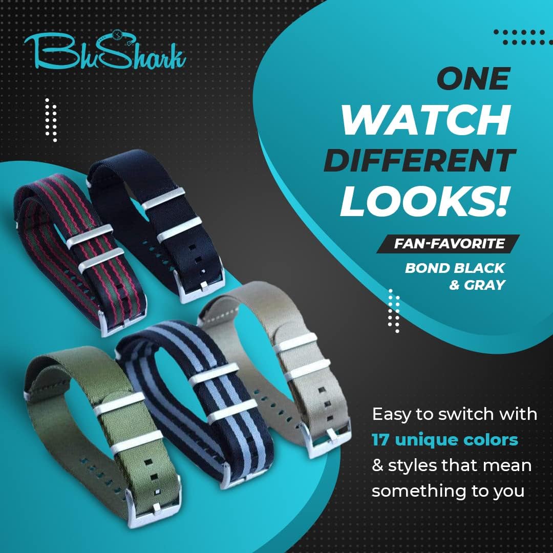 BluShark - AlphaPremier Nylon Watch Band for Men and Women, Ultra-Smooth and Slim Seatbelt-Weave Nylon Strap, Double-Pass Military Style, Stainless Steel Hardware & Sliding Keeper, Water-Resistant