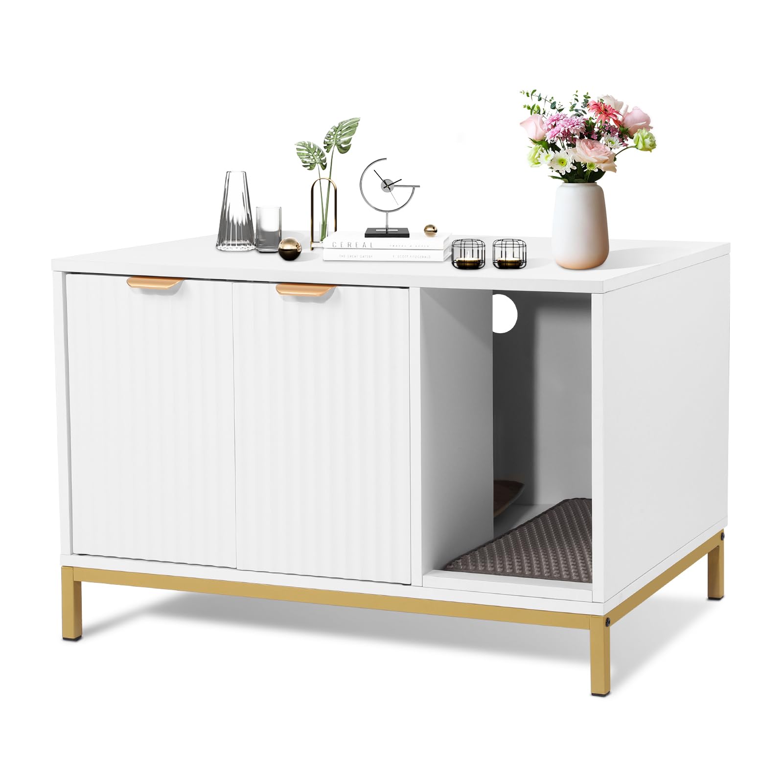 QuicMiou Cat Litter Box Enclosure, Hidden Litter Box Furniture with Metal Legs, Side End Table Indoor Cat House Storage Cabinet 31.5 x 19.7 x 20