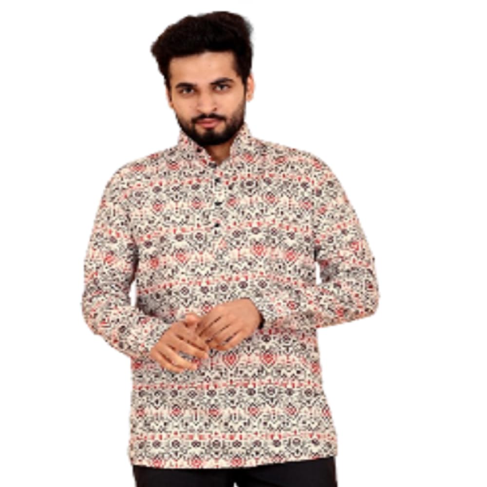 Men's Cotton Rajasthani Print Short Kurta Regular Fit Men Printed Cotton Kurtas-picture-38