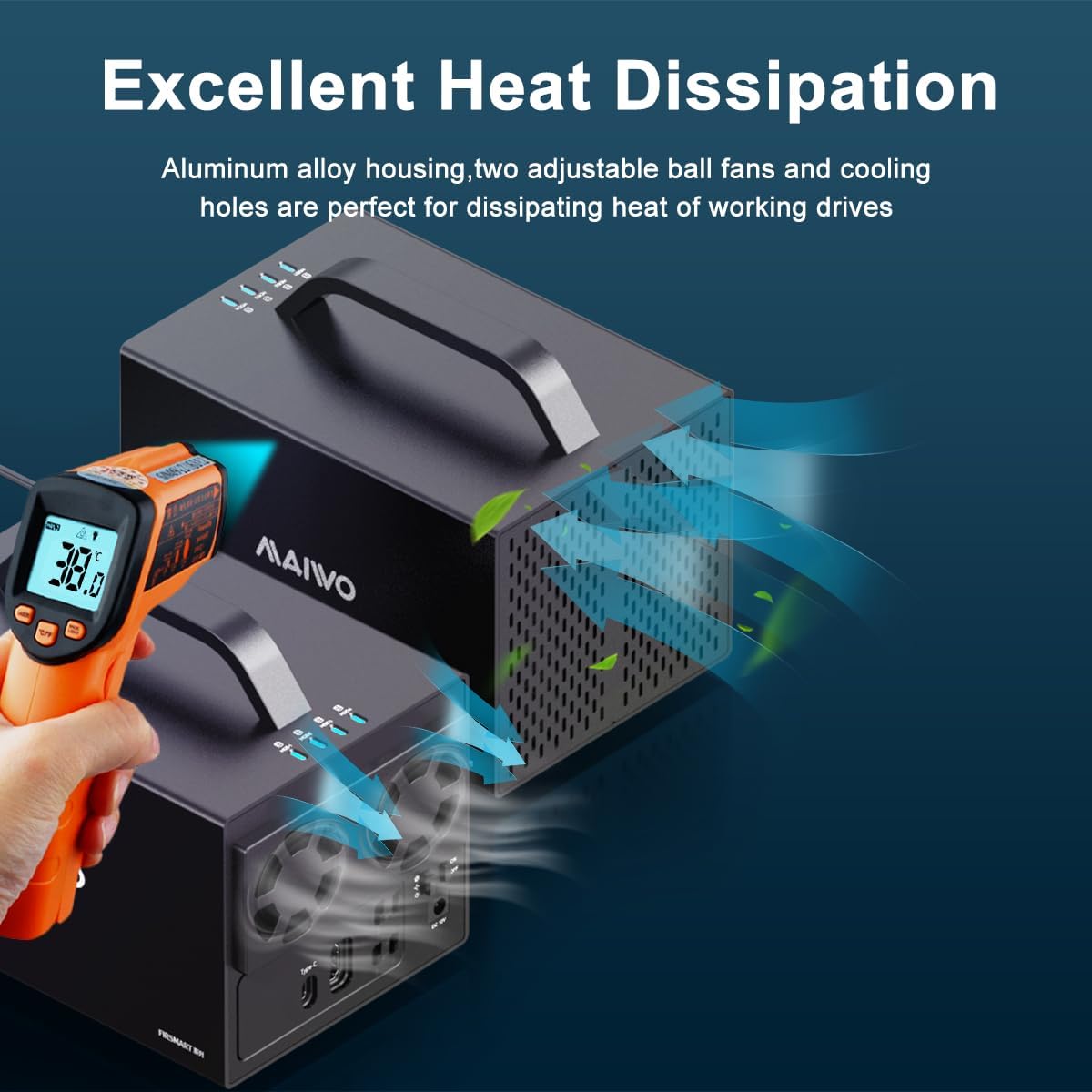 MAIWO 4 Bay Hard Drive Enclosure showing airflow for heat dissipation