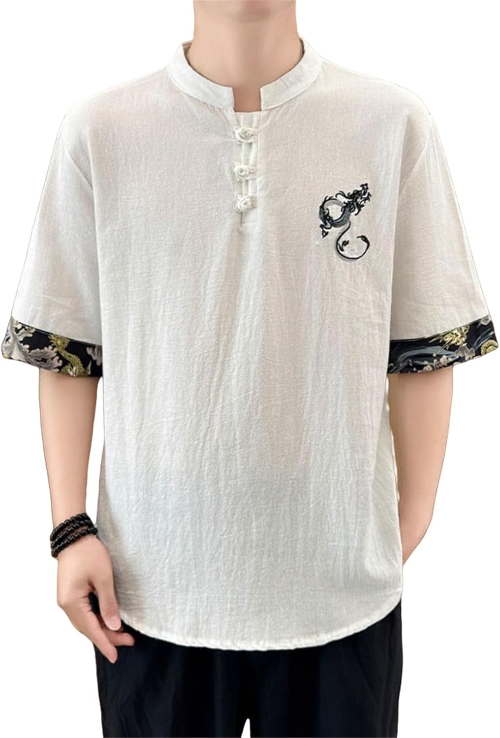 Men's Loose Fit Chinese Style Dragon Embroidery Cotton Linen Stand Collar Frog Button Short Sleeve Shirt