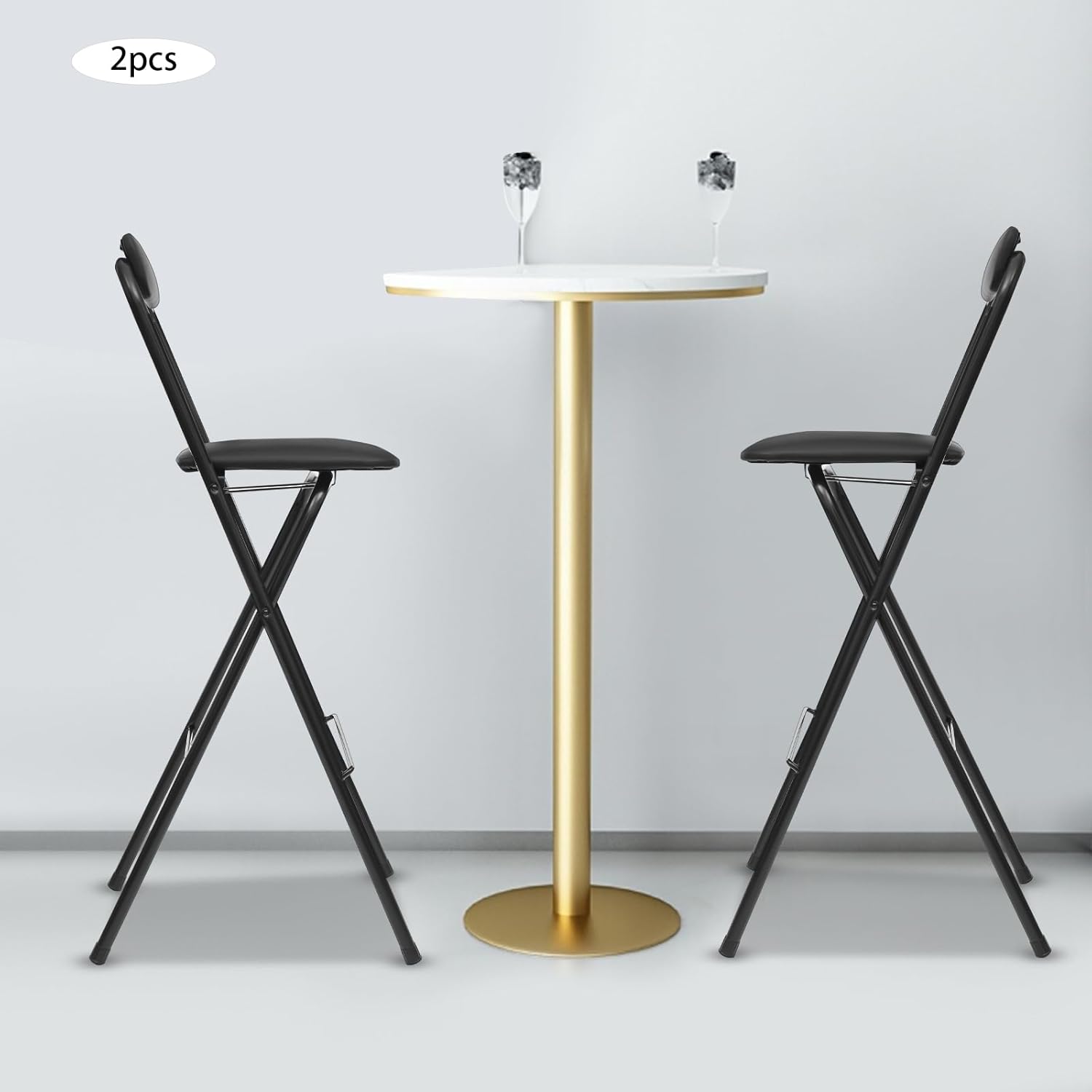 Folding Bar Stool with Backrest, 29 Inch Leather Padded Counter Height Foldable Stool Portable Tall Foldable Stool Chair 275LBS for Gardening Outdoor Kitchen Camping Shop Cafe (Black, 2 Pack)