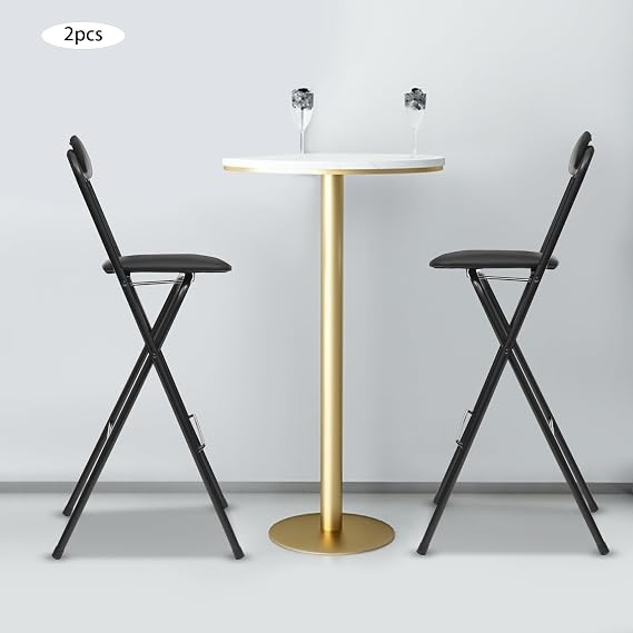 Foldable Bar Chair, 2 Pcs Tall Folding Bar Stool with Backrest, Portable Adult Collapsible Stools Counter Height Seat Leather Padded for Kitchen Shop Cafe (Black)
