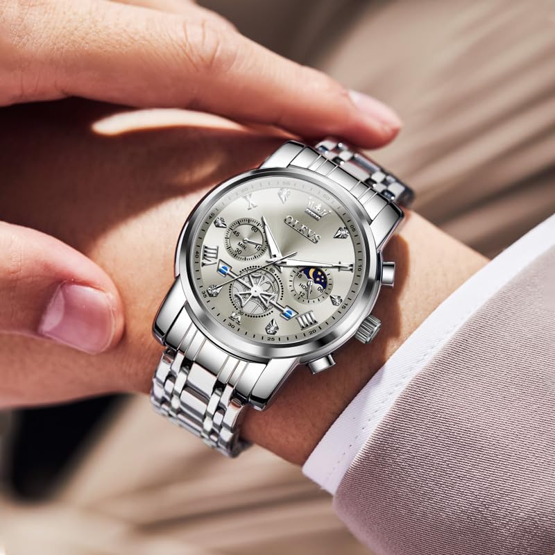 OLEVS Watches Men Stainless Steel Chronograph Watch Luxury Big Face Man Dress Watches Waterproof Roman Numeral Analog Quartz Men Wrist Watch Diamond Relojes para Hombre(Silver/Black/Gold/Red/Blue) - Image 9