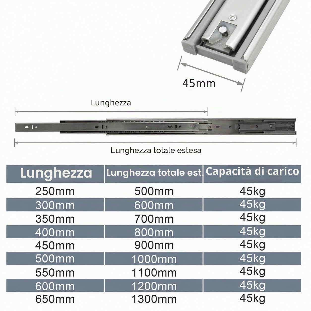 Guide per cassetti 600 mm, guide a sfera con portata di 45 kg, estraibili completi, guide telescopiche, dimensioni complete 1200 mm, 4 paia (8 pezzi)