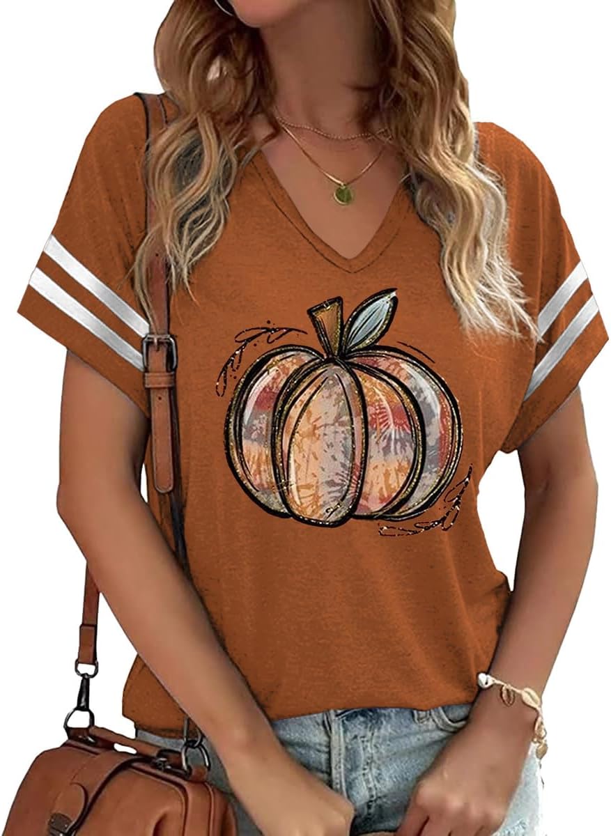 Fall Halloween Thanksgiving V Neck Shirt for Women Funny Pumpkin Graphic Stripe Short Sleeve Tops