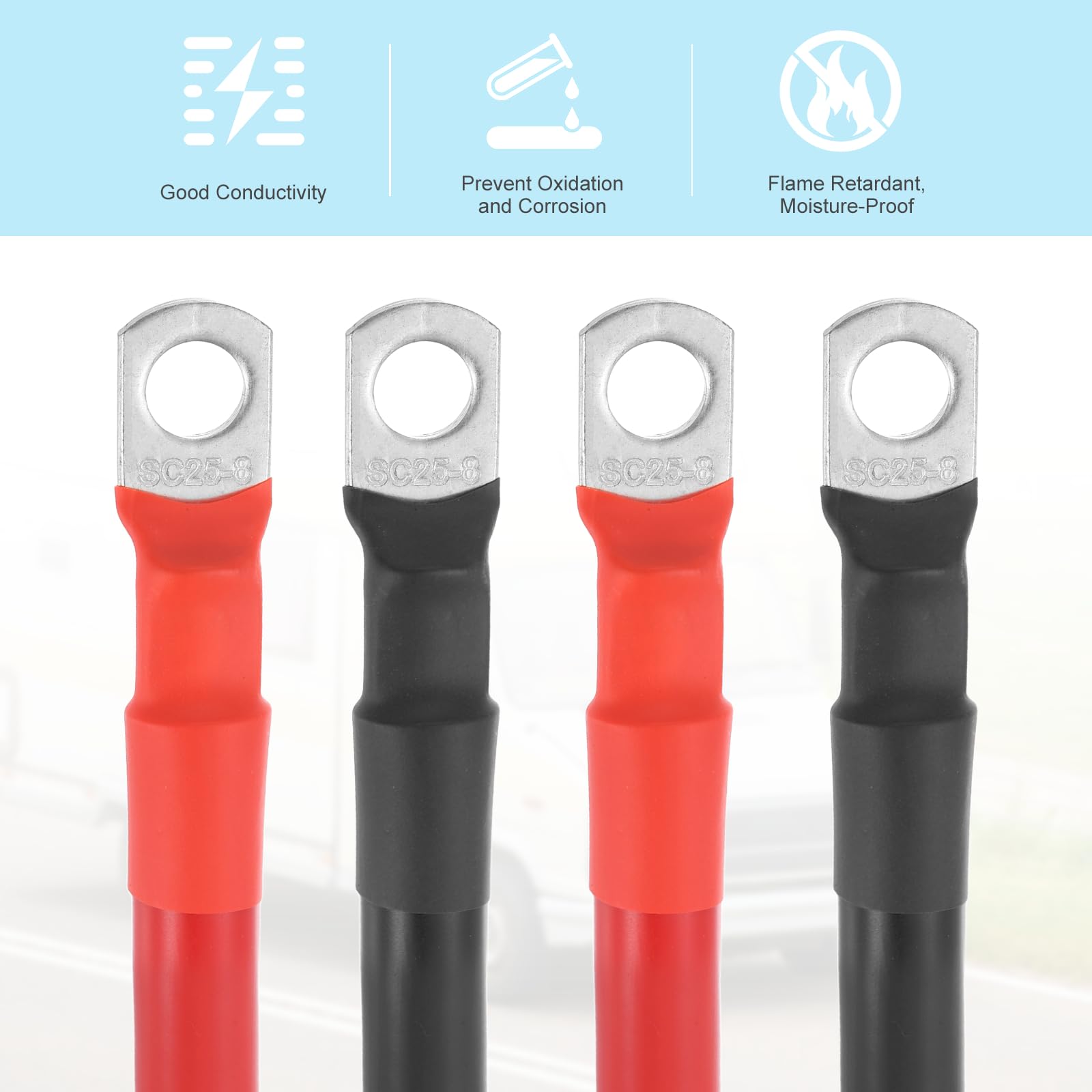 sourcing map Lot de 2 câbles de batterie de calibre 4 AWG de 1,2 m de long et 1,6 cm de diamètre positif et négatif en cuivre avec bornes SC pour voiture, camping-car, chariot de golf marine, rouge et