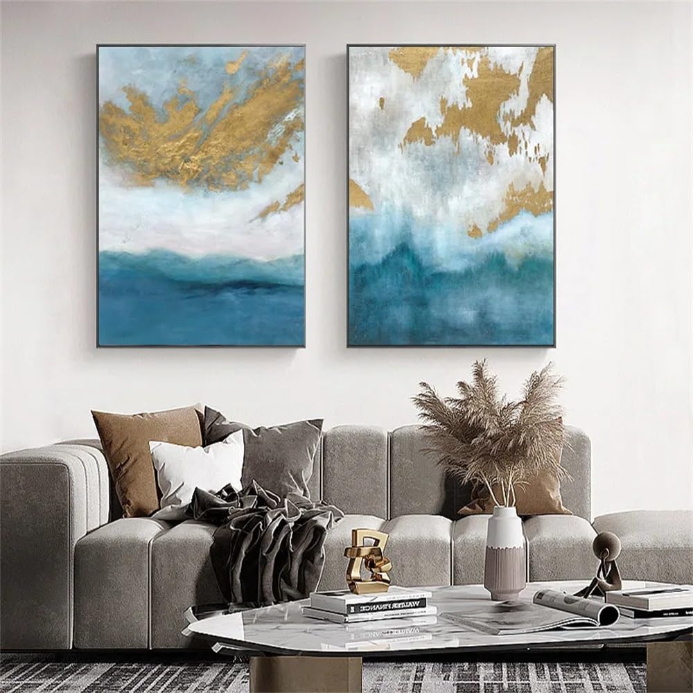 WBYZAC Set of 2-Golden Abstract Ocean Poster Aesthetic Modern Artwork Painting Canvas Art Fabric Print Home Living Room Office Decoration Wall Picture-40 * 60cm (No Frame)