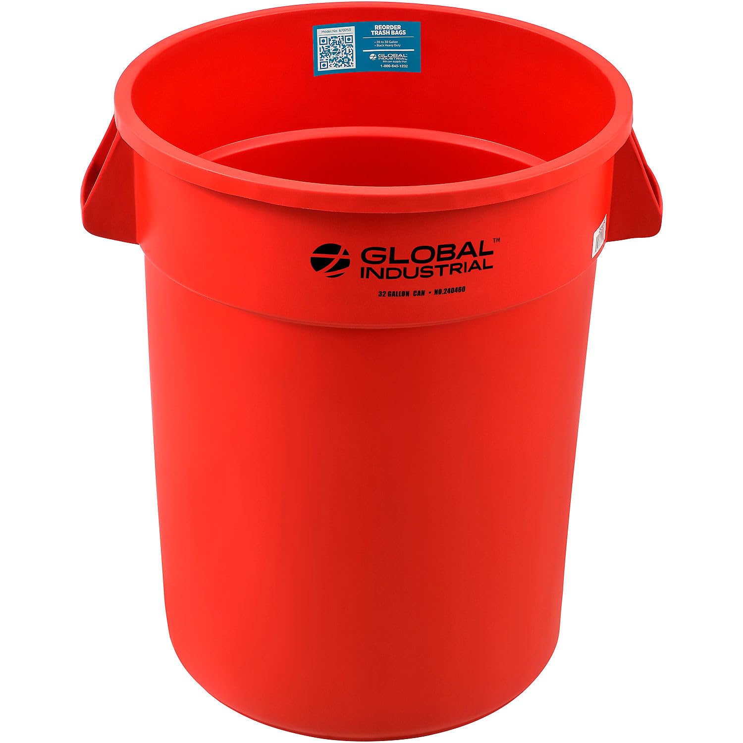 Global Industrial Commercial Round Trash Can, 32 Gallon Capacity, Plastic Garbage Can, Indoor and Outdoor Utility Trash Can, Red, 21-3/4"W x 27-1/2"H, No Lid