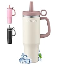 1200ml Tazza Termica con Cannuccia, Borraccia con Manico, 1.2L Tazze Isolate, Tazza Termica per Auto in Acciaio Inox a Doppia Parete per Bevande Calde, Fredde per Acqua, Caffè,Beige