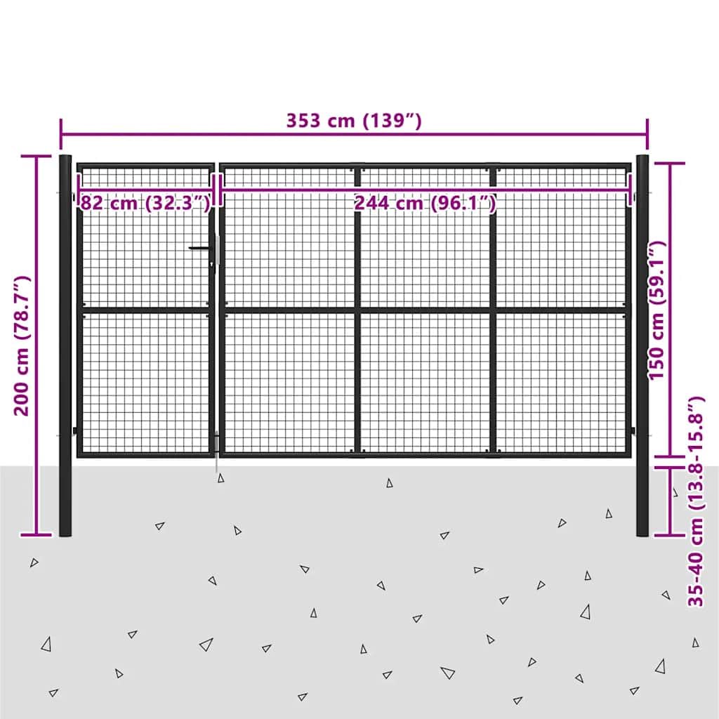 Brama ogrodowa ze stali, antracytowa, 350 x 150 cm, z zamkiem i uchwytem, wytrzymała brama ogrodzeniowa do ogrodu, bramy podwórza, furtki, bramy wjazdowej, metalowa brama skrzydłowa, bezpieczny dostęp