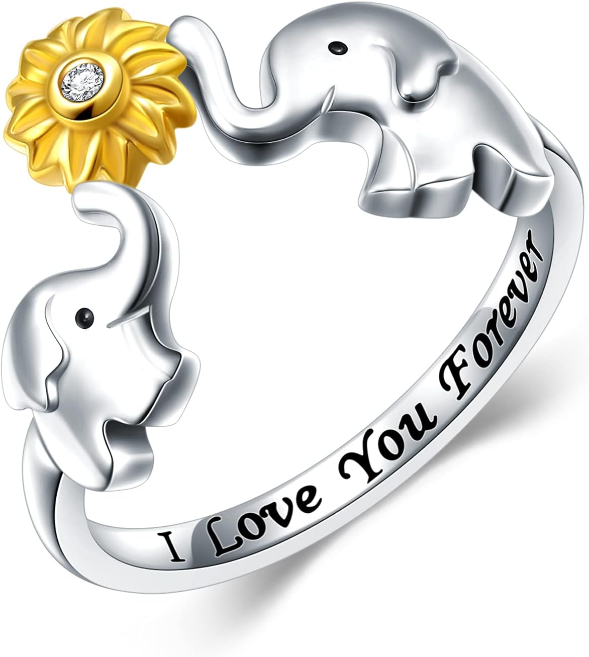 Sterling Silver Elephant Ring Mom Daughter Animal Elephant with Sunflower I Love You Forever Cute Animal Finger Rings for Women Wife Mom Nana Daughter Jewelry Gift