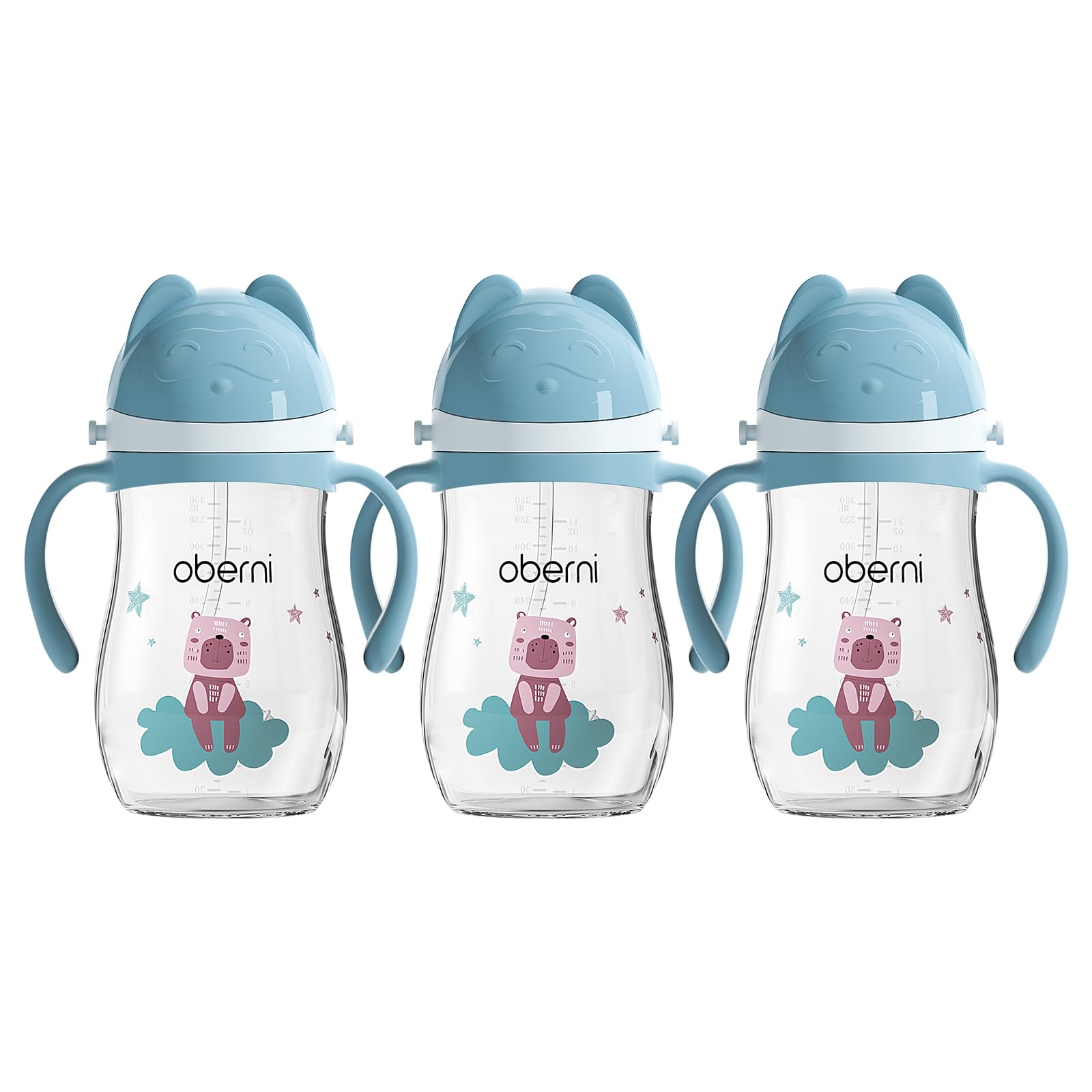 Oberni No Spill Toddler Sippy Cup, Weighted Straw Baby Water Bottle with Handle&Strap for 12 Months +, BPA-Free | Tritan | Leak Proof Valved Spout | 350ml | Blue | Pack of 3