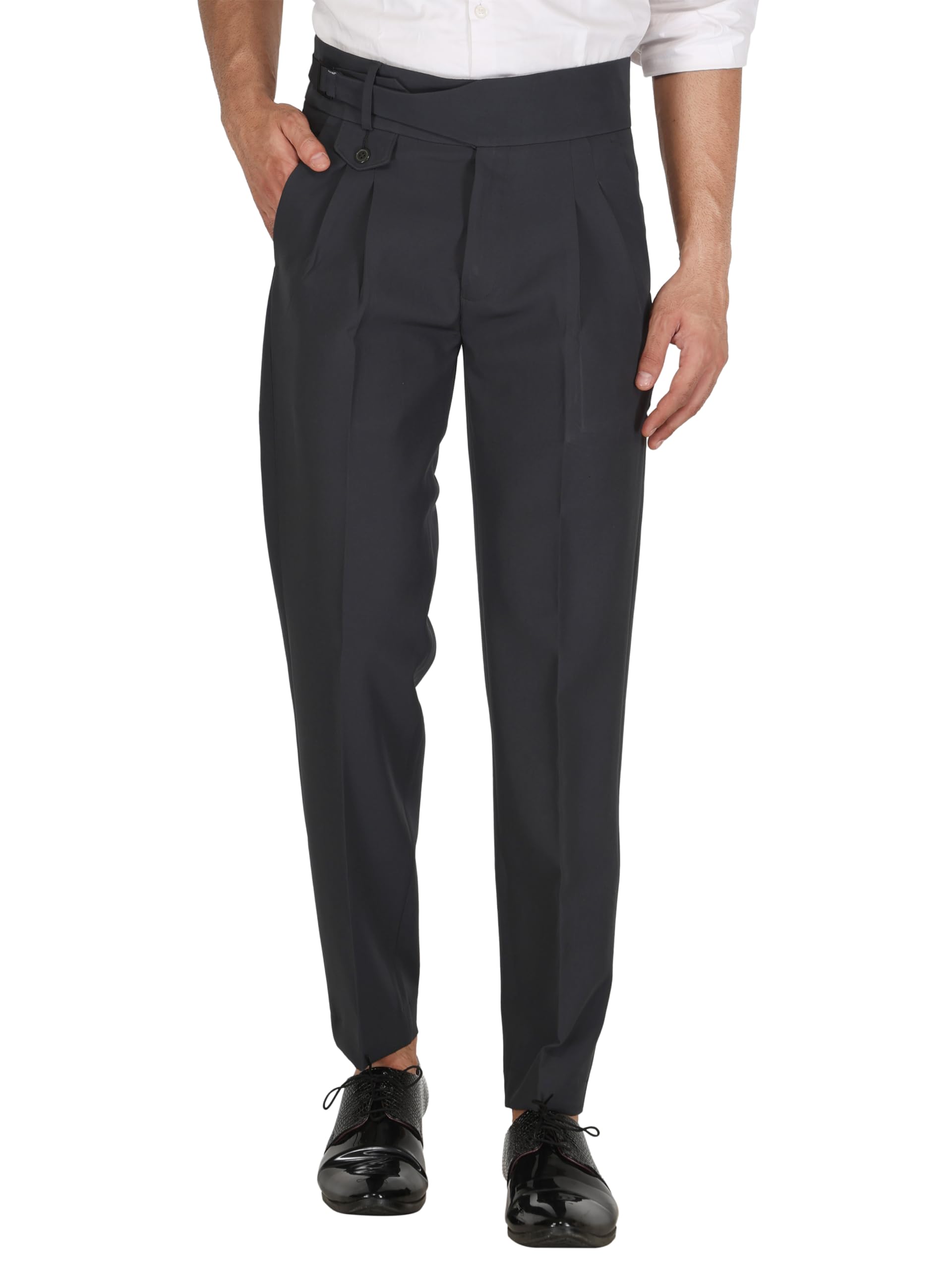 maleno Tapered Stretchable Poly Lycra Double Pleated Broad Waist Band Gurkha Pants for Men | Korean Fashion Dress Pant for Men-picture-4