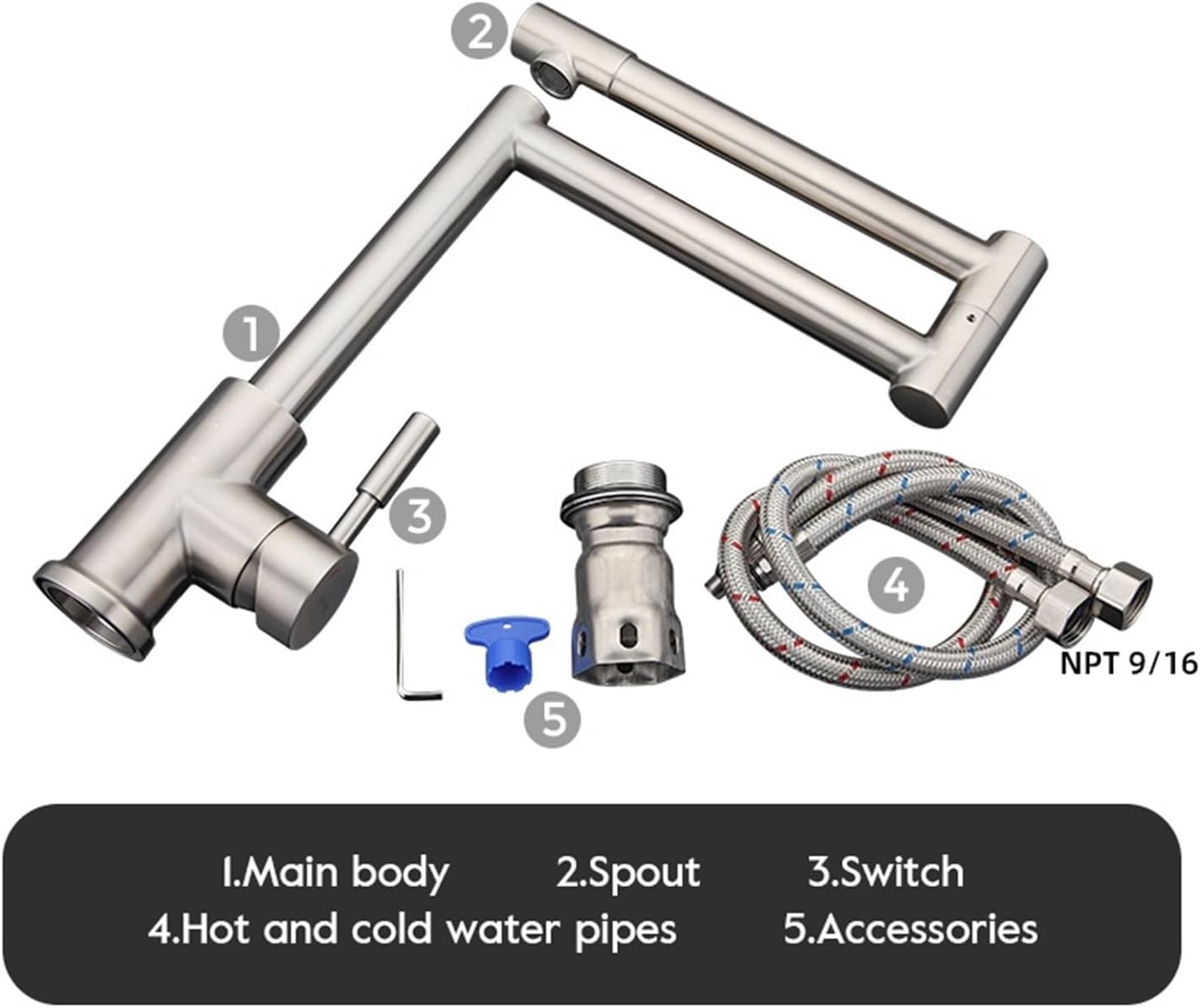 Brushed Kitchen Faucet Single Hole Kitchen Sink Mixer Flow Sprayer Head Pull Mixer Faucet Space Saver NPT 9/16