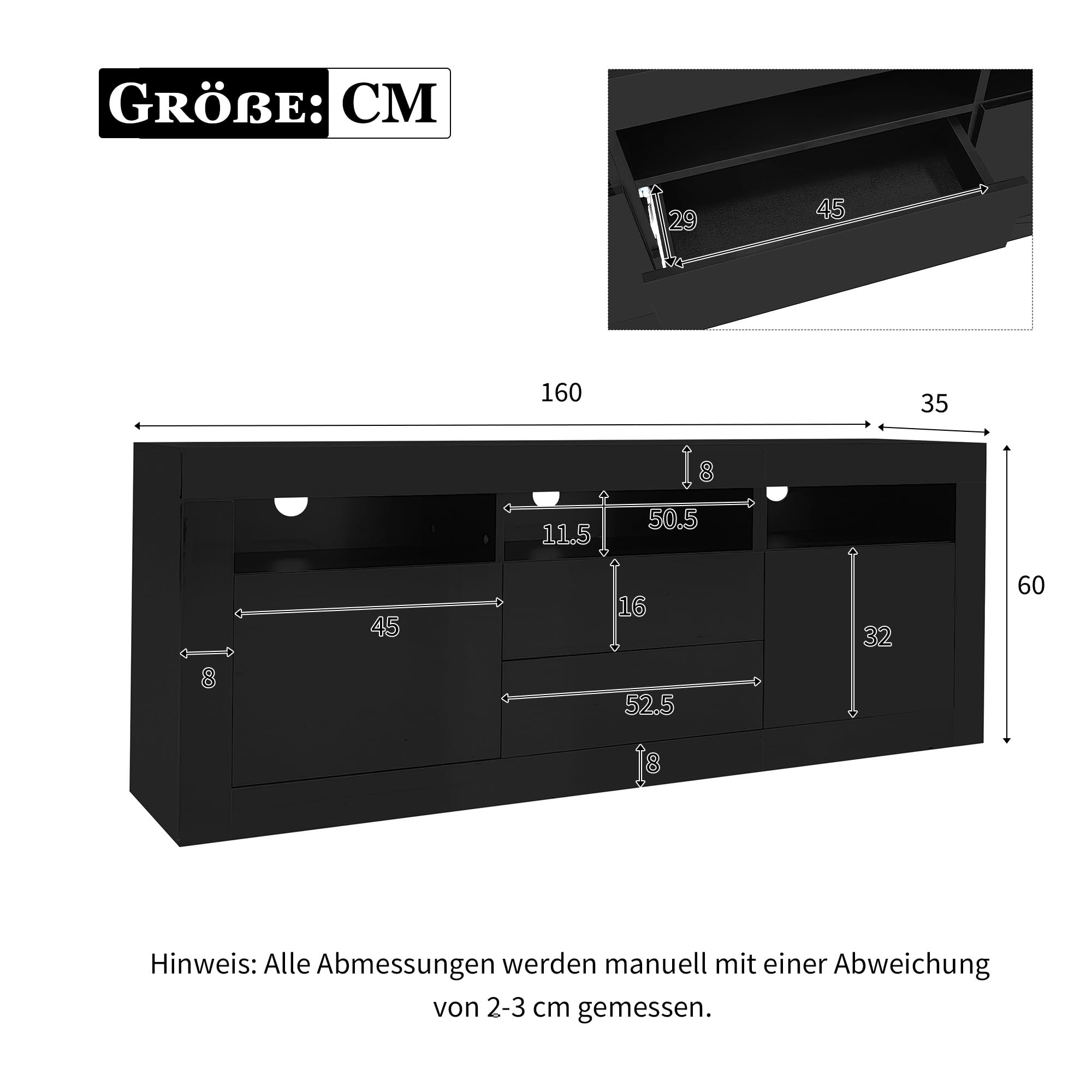 Murul, mobile porta TV con finitura lucida e illuminazione LED, 3 ripiani aperti, per televisori da 70 pollici, supporto TV lucido, 2 ante, 2 cassetti, controllo tramite app smart 160×35×60 cm (Nero)