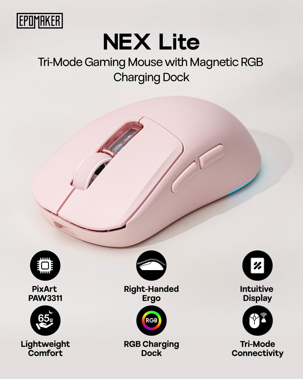 EPOMAKER NEX Lite Wireless Gaming Mouse w/Screens & RGB Charging Dock | 65g Right-Hand Gaming Mice, PAW3311 Sensor, 1K Polling, 12K DPI, BT 5.0/2.4GHz/USB-C, for Gaming & Office (Pink)