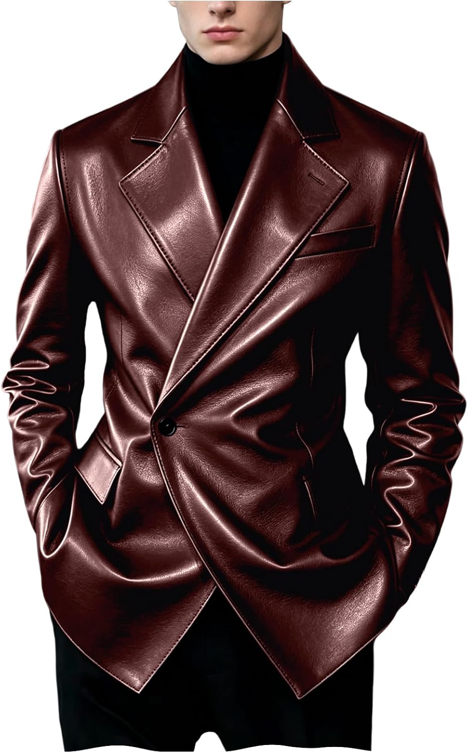 Men's Faux Leather Suit Jacket Business Casual Slim Fit Tuxedo Blazer for Wedding Party Prom