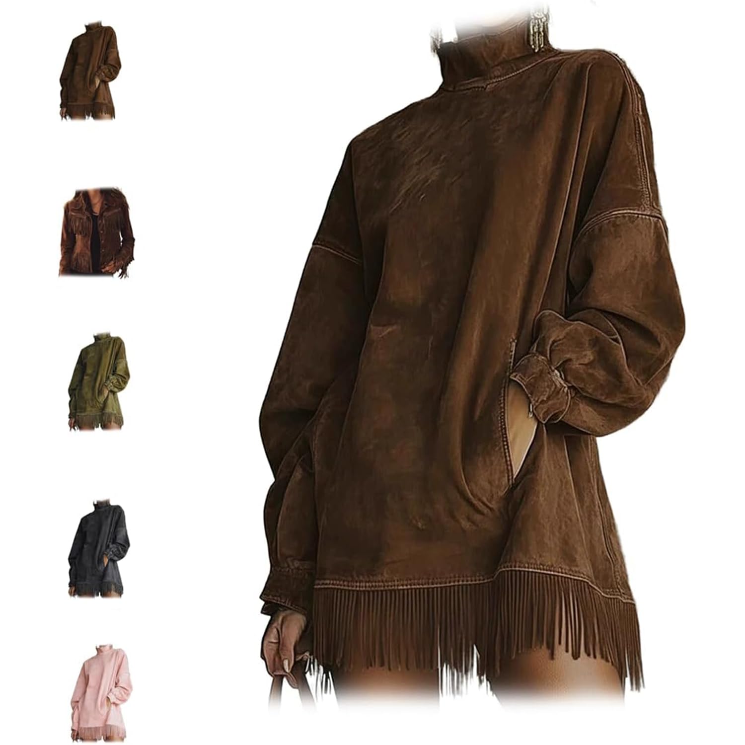 Mini Abito Vintage in Pelle Scamosciata Larga da Donna, Abiti a Maniche Lunghe con Scollo a Lupetto e Nappa, Abito da Cowgirl retrò, Cappotto Patchwork a Maniche Lunghe