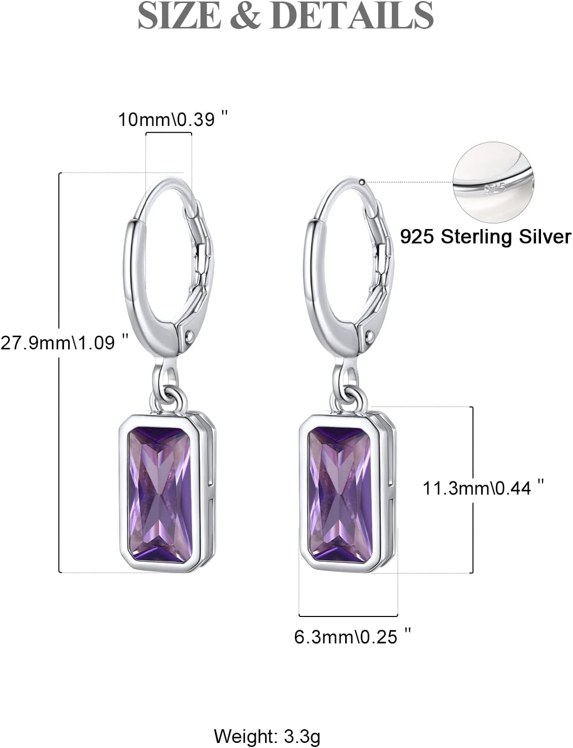 FOCALOOK Birthstone Drop Earrings for Women, 925 Sterling Silver Square Cubic Zirconia 10mm Small Huggie Hoop Earrings - Image 6